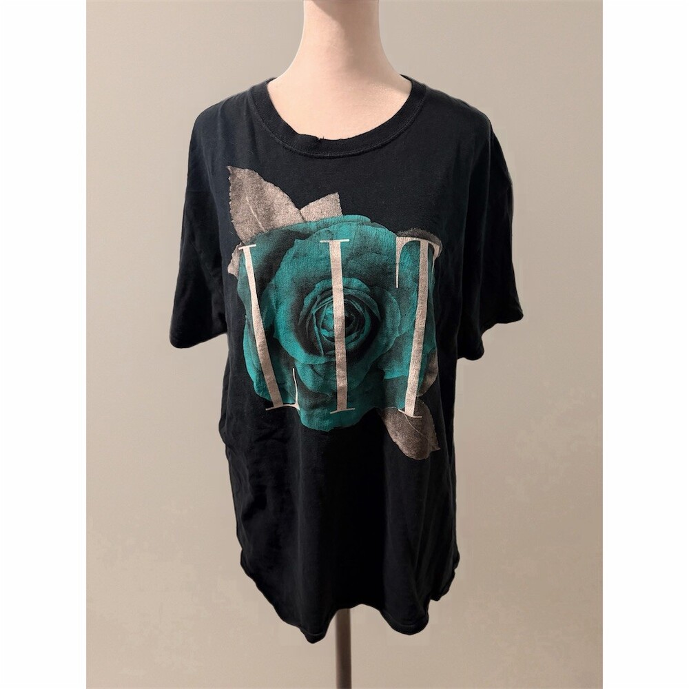 Popular Poison T-Shirt Women’s Large Black Teal Rose LIT Graphic Crew Neck